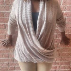 Akemi + Kin Anthropologie Sand/ Tan Gauzy Woodruff Waffle Kint Mock Wrap Pullov